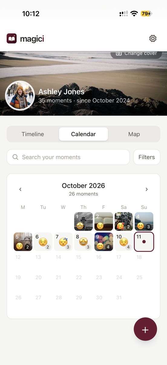A month calendar with a photo and mood for each day