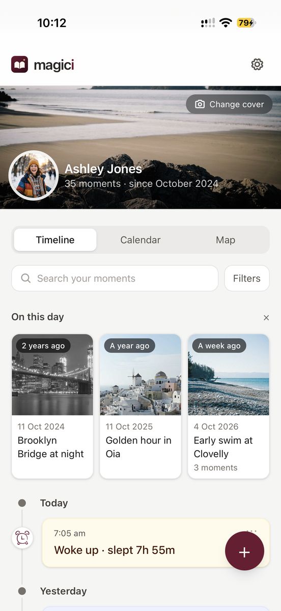 Magici on an iPhone, showing a timeline with photos from this day in past years